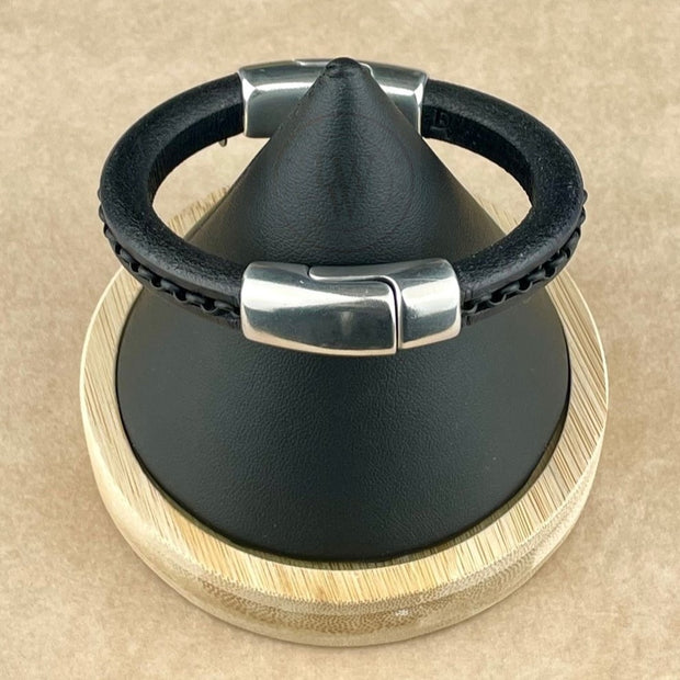 CHAIN ON BLACK LEATHER SELECTION - Cobo Leather Bracelet Collection with <strong>Double</strong> Antique Silver Magnetic Clasps