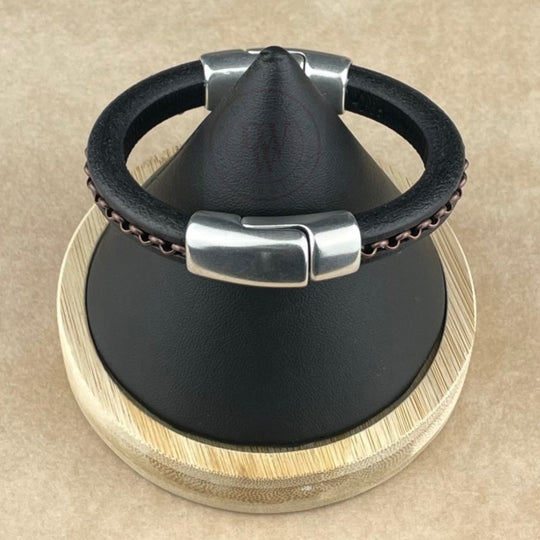 Cobo Leather Bracelet in Antique Copper Chain on Black– Double Silver Magnetic Clasps
