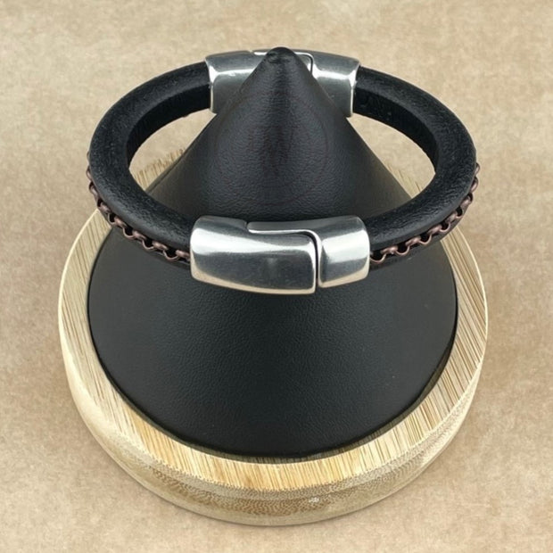 Cobo Leather Bracelet in Antique Copper Chain on Black– Double Silver Magnetic Clasps
