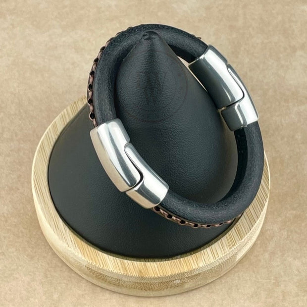 Cobo Leather Bracelet in Antique Copper Chain on Black– Double Silver Magnetic Clasps