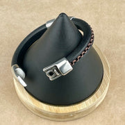 Cobo Leather Bracelet in Antique Copper Chain on Black– Double Silver Magnetic Clasps