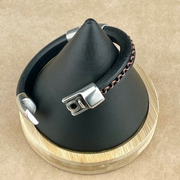 Cobo Leather Bracelet in Antique Copper Chain on Black– Double Silver Magnetic Clasps
