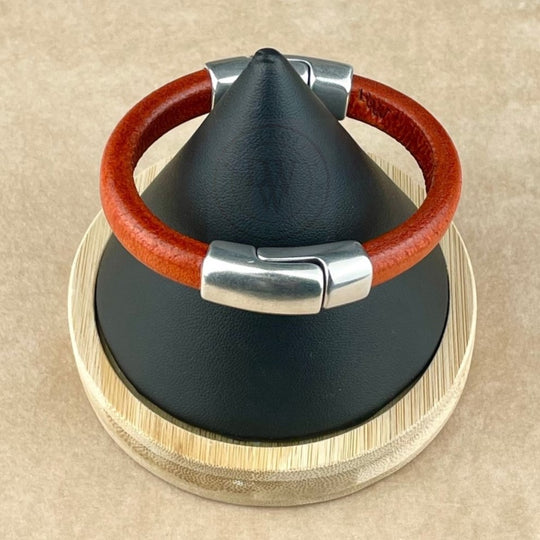 Cobo Leather Bracelet in Distressed Orange – Double Silver Magnetic Classp