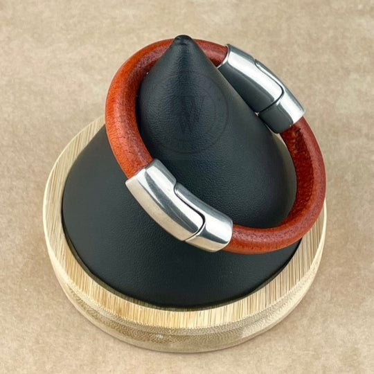 Cobo Leather Bracelet in Distressed Orange – Double Silver Magnetic Classp