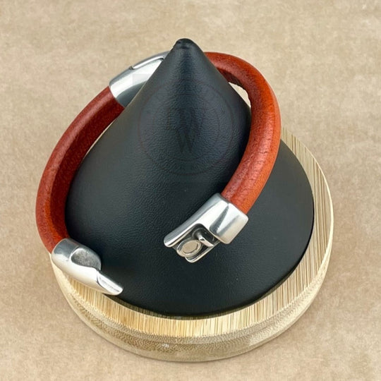 Cobo Leather Bracelet in Distressed Orange – Double Silver Magnetic Classp