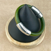 Distressed Grass Green Leather Unisex Cobo Bracelet with <strong>Double</strong> Antique Silver Magnetic Clasps