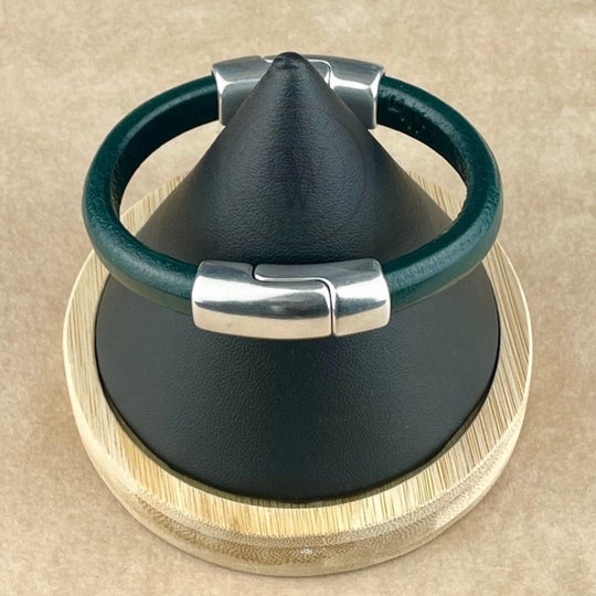 Cobo Leather Bracelet in Midnight Green –Double Silver Magnetic Clasps