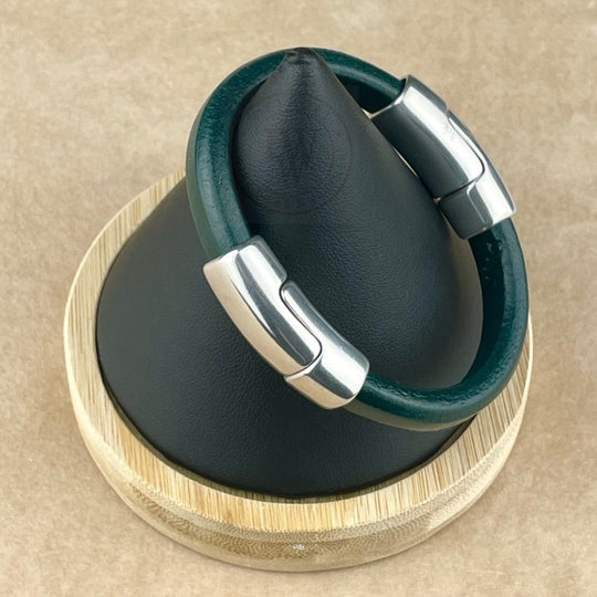 Cobo Leather Bracelet in Midnight Green –Double Silver Magnetic Clasps