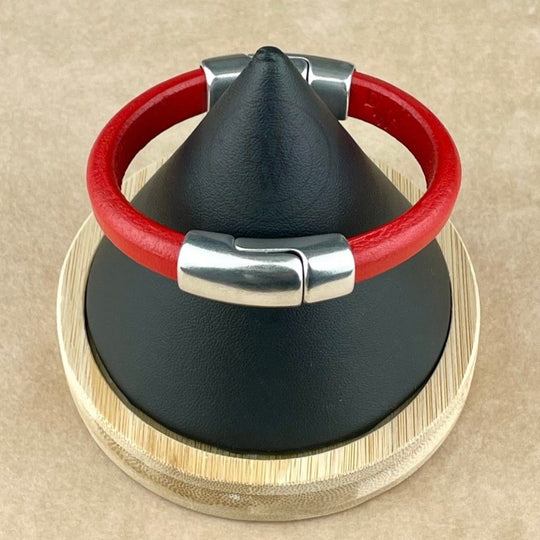 Cobo Leather Bracelet in Coral Red – Double Silver Magnetic Clasps