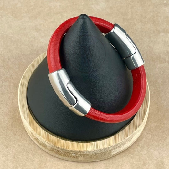 Cobo Leather Bracelet in Coral Red – Double Silver Magnetic Clasps