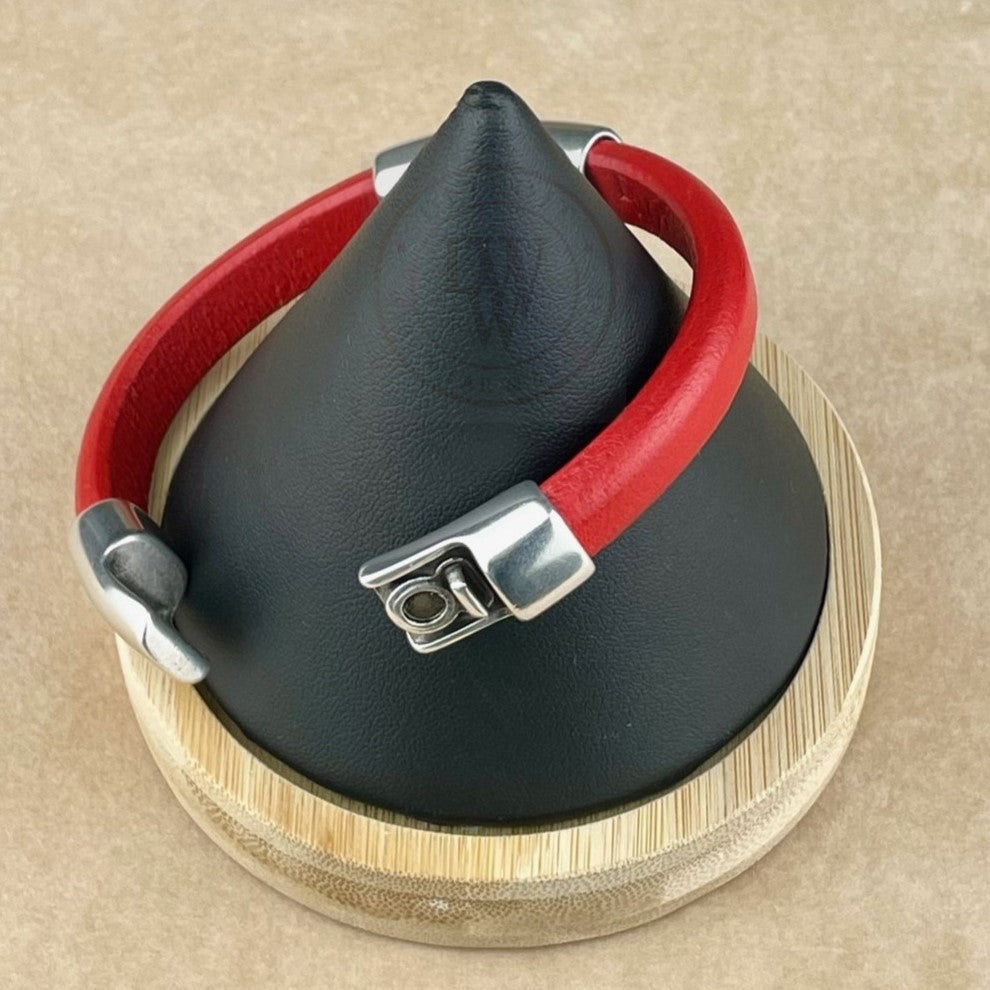 Cobo Leather Bracelet in Coral Red – Double Silver Magnetic Clasps
