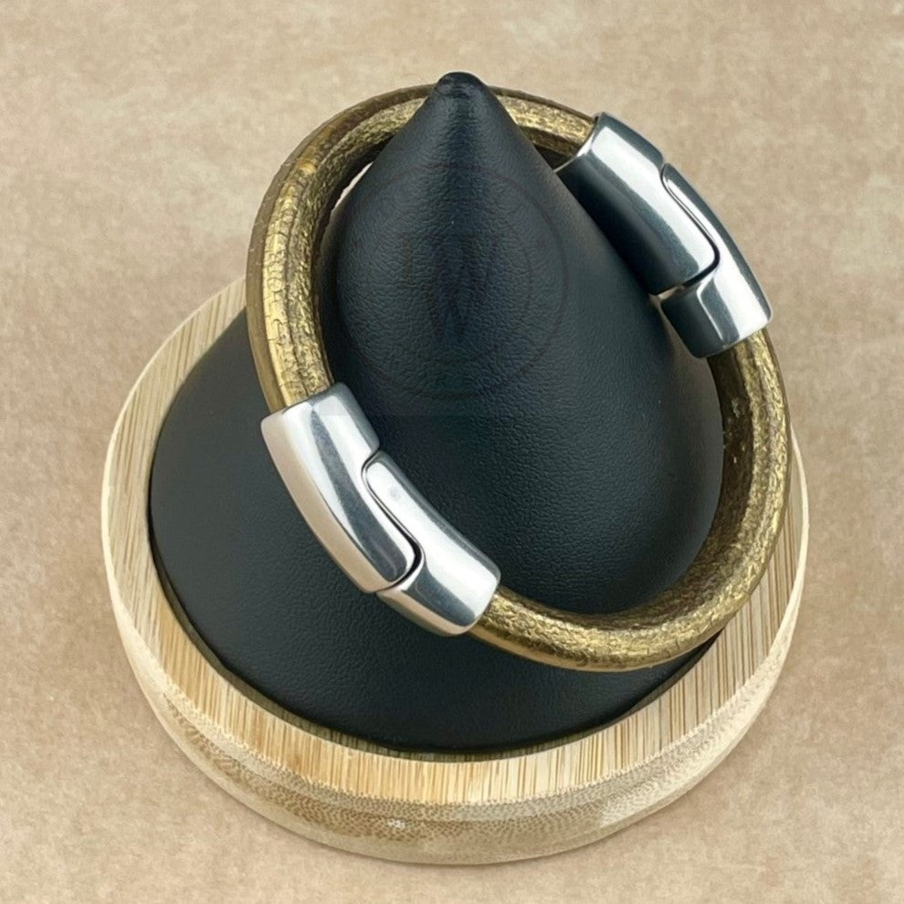 Cobo Leather Bracelet in Metallic Gold Brown – Double Silver Magnetic Clasps