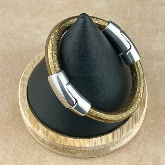 Cobo Leather Bracelet in Metallic Gold Brown – Double Silver Magnetic Clasps