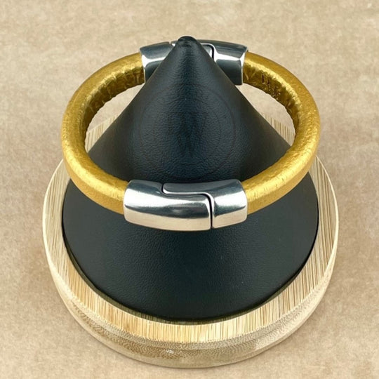 Cobo Leather Bracelet in Metallic Gold – Double Silver Magnetic Clasps