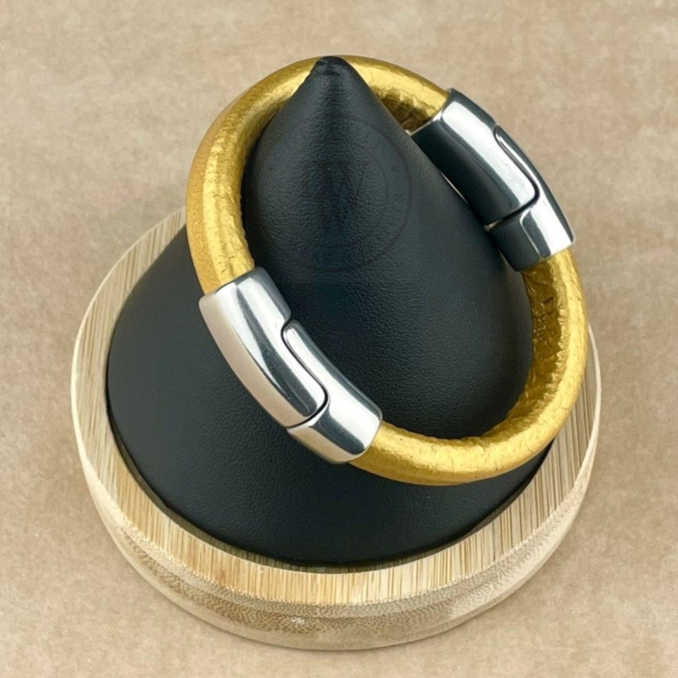Cobo Leather Bracelet in Metallic Gold – Double Silver Magnetic Clasps