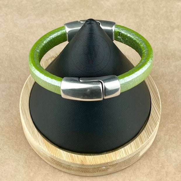 Metallic Pistachio Leather Unisex Cobo Bracelet with <strong>Double</strong> Antique Silver Magnetic Clasps