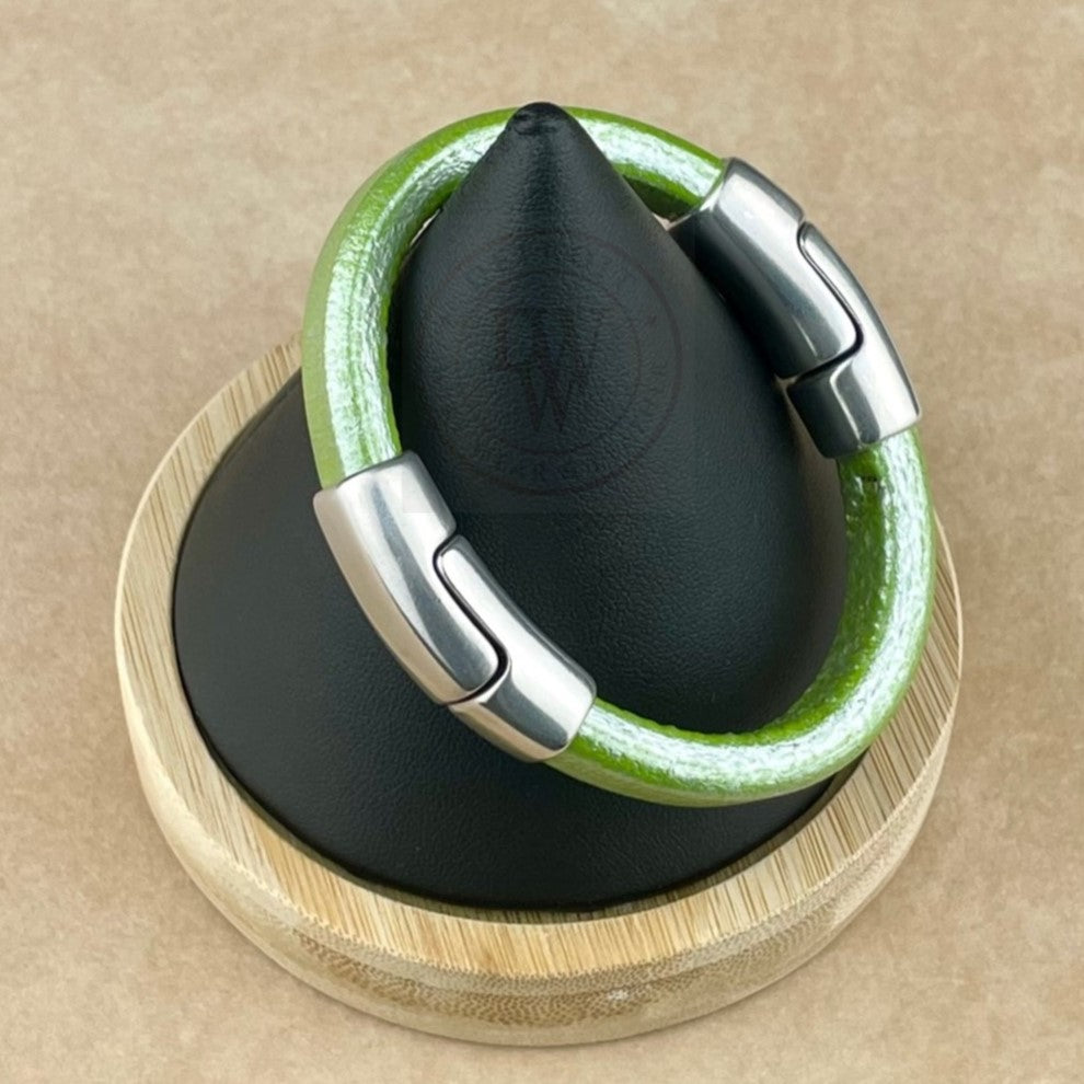 Cobo Leather Bracelet in Metallic Pistachio – Double Silver Magnetic Clasps