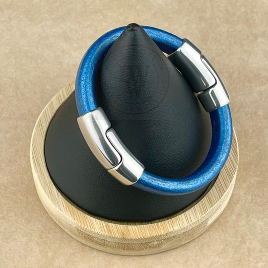 Cobo Leather Bracelet in Metallic Cobalt Blue – Double Silver Magnetic Clasps