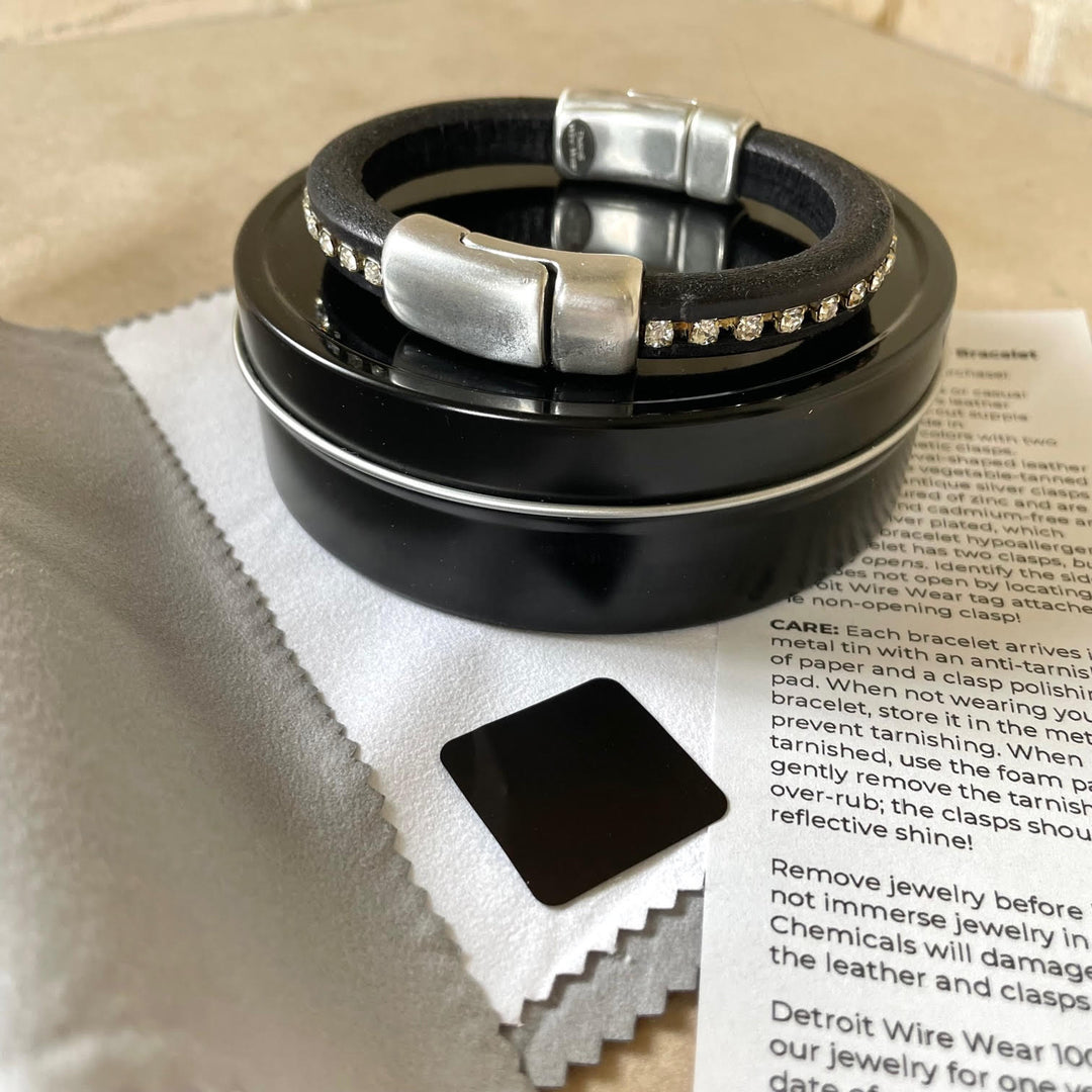 Cobo Leather Bracelet in Clear Crystal Chain on Black – Double Silver Magnetic Clasps
