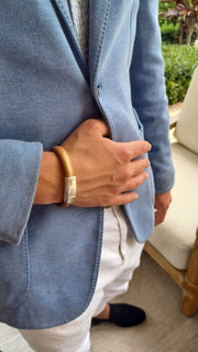 Metallic Pearl White Leather Unisex Cobo Bracelet with <strong>Double</strong> Antique Silver Magnetic Clasps