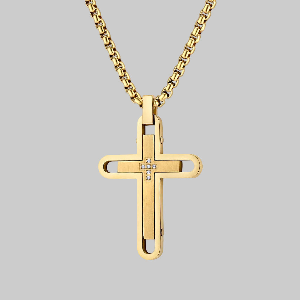 Men's Fine Jewelry Stainless Steel Cross Pendant CZ Gold Necklace