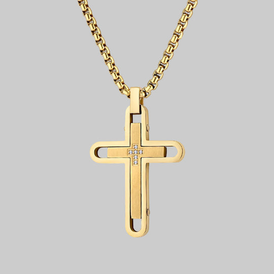 Men's Fine Jewelry Stainless Steel Cross Pendant CZ Gold Necklace