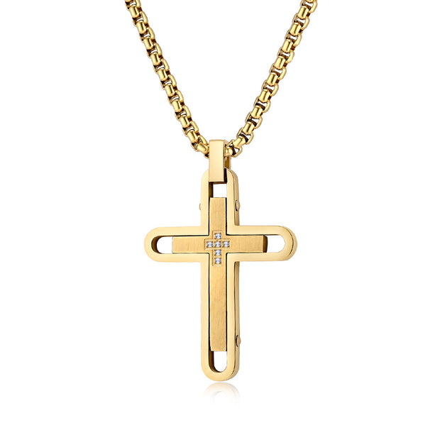 Men's Fine Jewelry Stainless Steel Cross Pendant CZ Gold Necklace