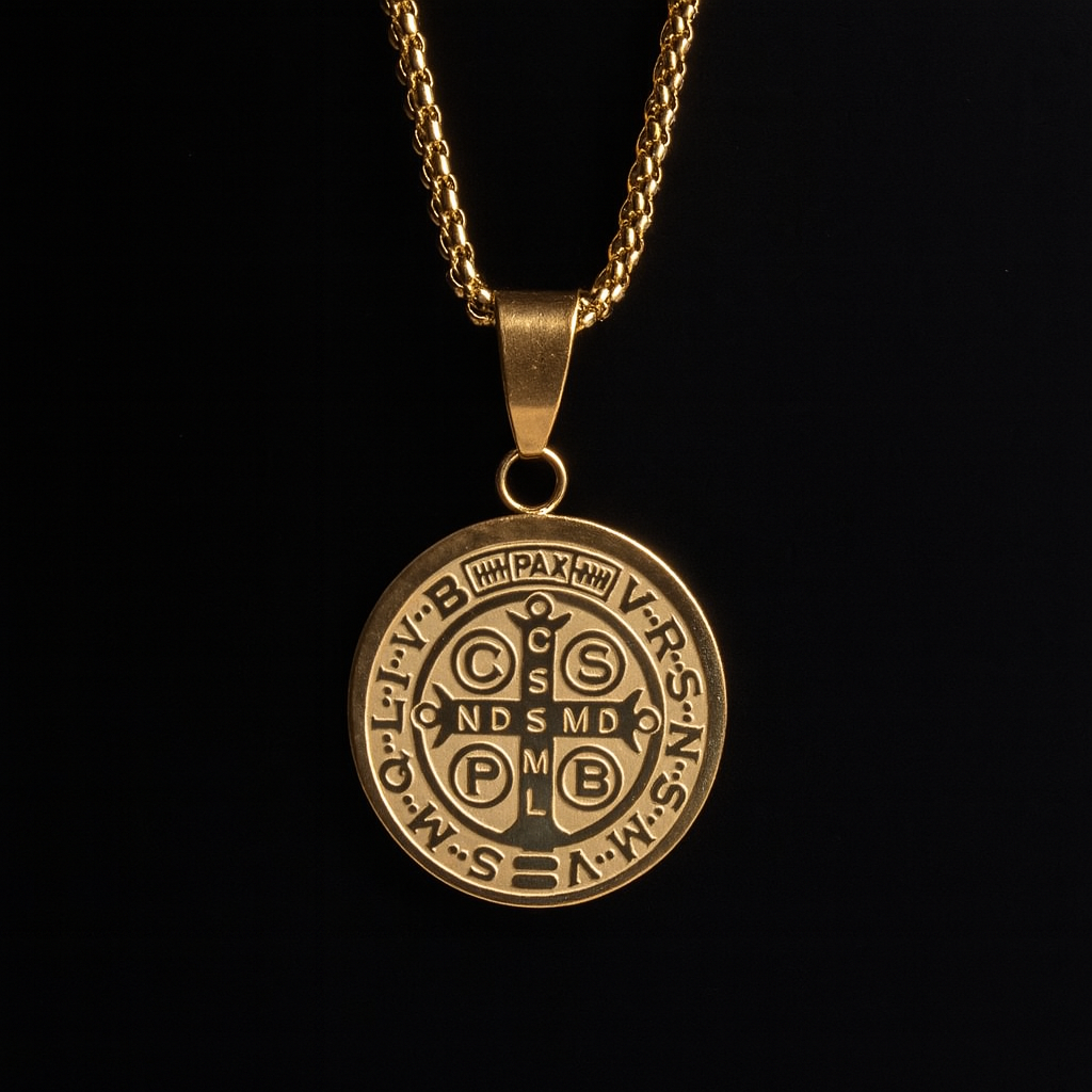 St. Benedict Medal Necklace 14K Gold Plated Larger Pendant for Men St. Benedict Medal Necklace 14K Gold Plated Larger Pendant for Men