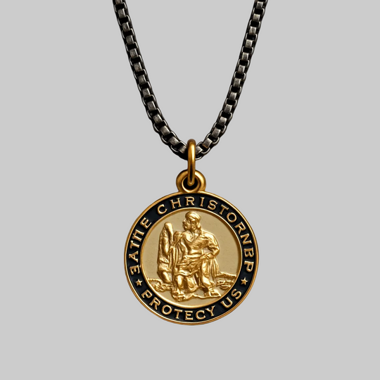 Saint Christopher Medal Necklace for Men – Gold Vermeil Pendant on Black Sterling Silver 24" Chain