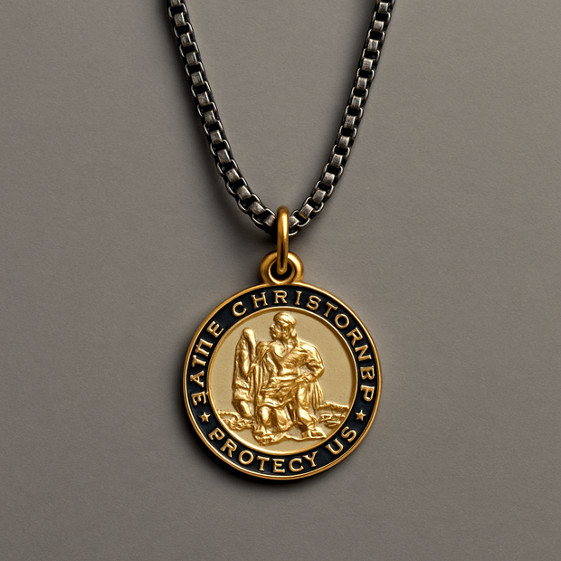 Saint Christopher Medal Necklace for Men – Gold Vermeil Pendant on Black Sterling Silver 24" Chain