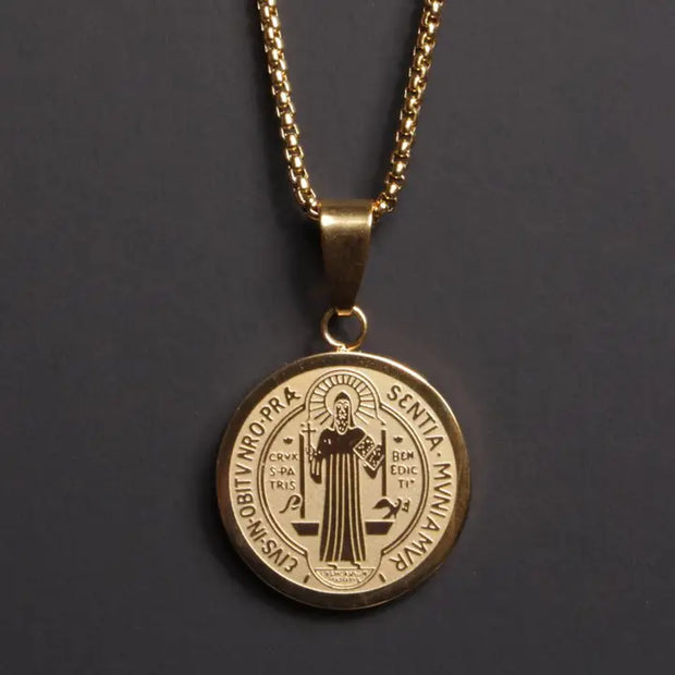 St. Benedict Medal Necklace 14K Gold Plated Larger Pendant for Men