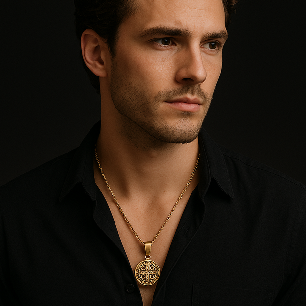 St. Benedict Medal Necklace 14K Gold Plated Larger Pendant for Men