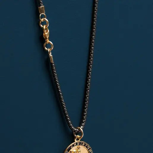 Saint Christopher Medal Necklace for Men – Gold Vermeil Pendant on Black Sterling Silver 24" Chain