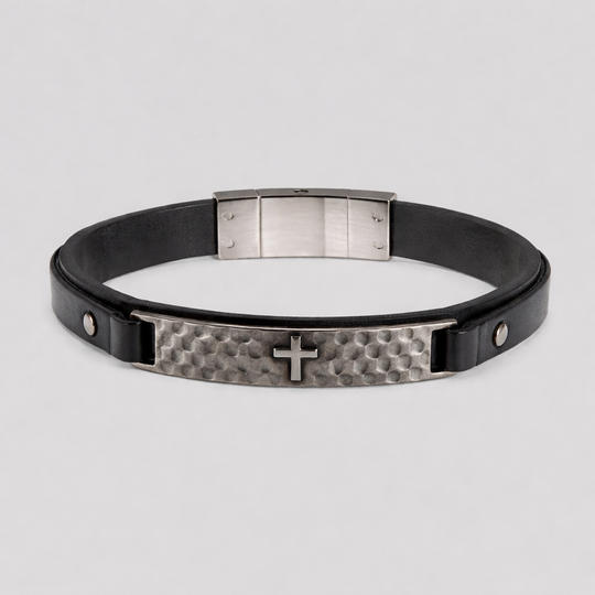 Men’s Black Leather Cross Bracelet – Hammered 316L Stainless Steel