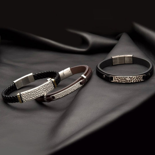 Men’s Black Leather Cross Bracelet – Hammered 316L Stainless Steel