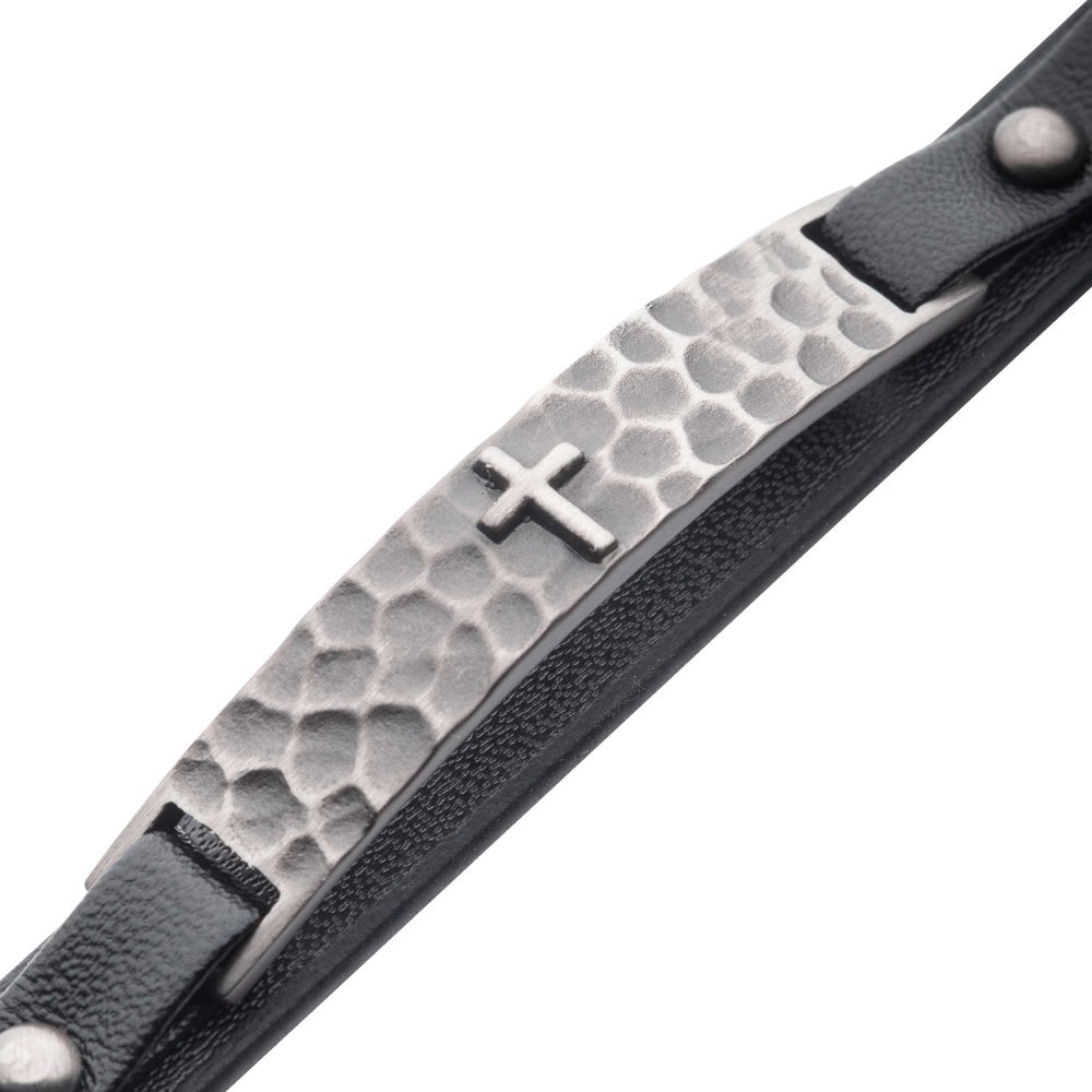 Men’s Black Leather Cross Bracelet – Hammered 316L Stainless Steel