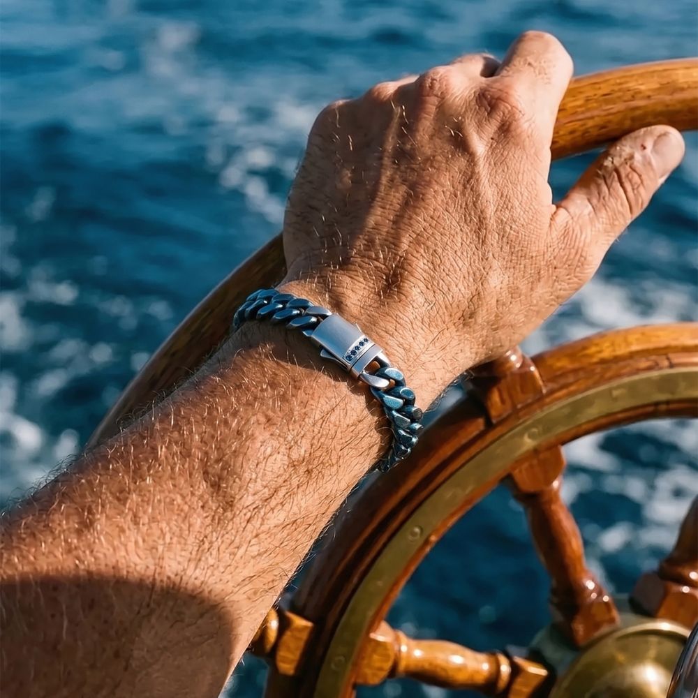 Men's Matte Blue Cuban Chain Bracelet with Black Sapphire Clasp