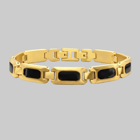 Men's 18Kt Gold IP Black Onyx & Tiger Eye Link Bracelet | Size Adjustable Stainless Steel