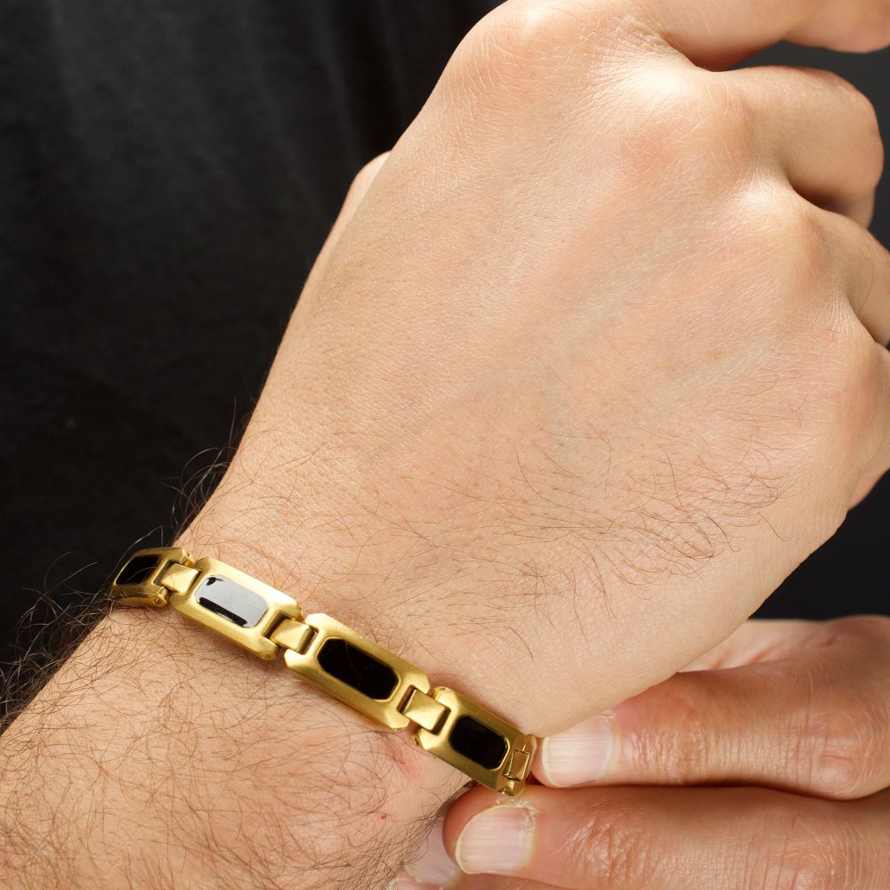 Men's 18Kt Gold IP Black Onyx & Tiger Eye Link Bracelet | Size Adjustable Stainless Steel