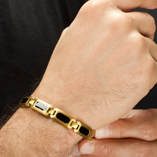 Men's 18Kt Gold IP Black Onyx & Tiger Eye Link Bracelet | Size Adjustable Stainless Steel