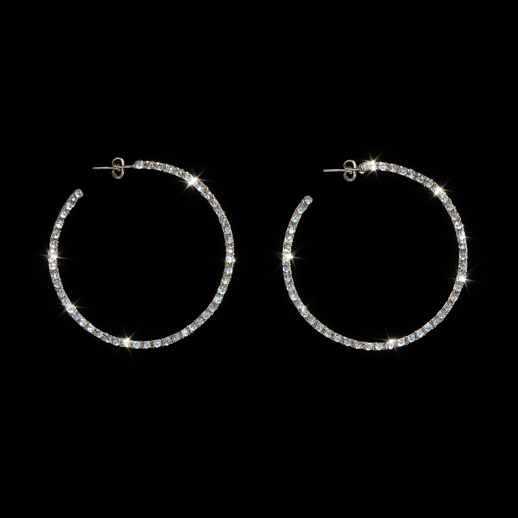 Silver Hoops Earrings with Clear CZ Crystals 2"
