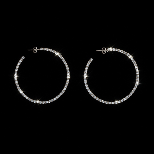 Silver Hoops Earrings with Clear CZ Crystals 2"