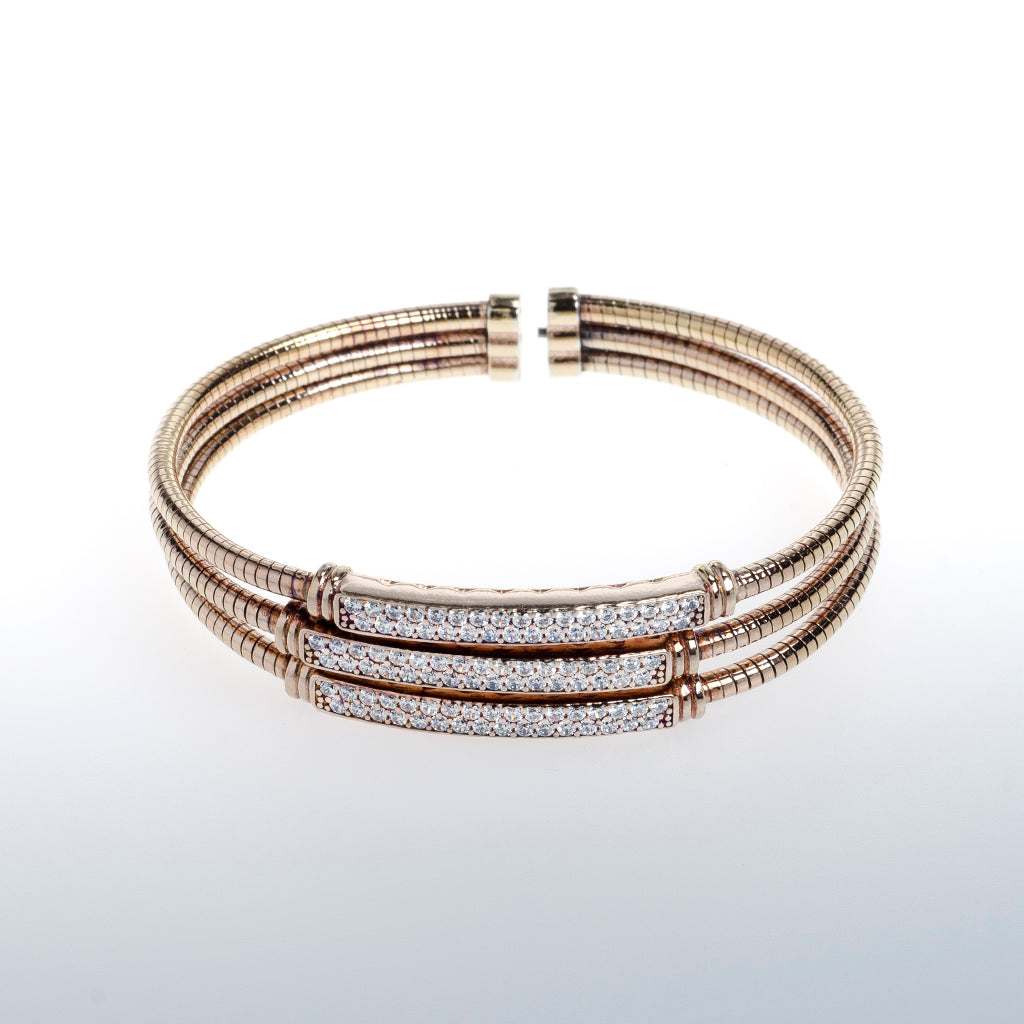 Sterling Silver Rose Gold Bracelet with 3 Clear CZ Crystal Bars