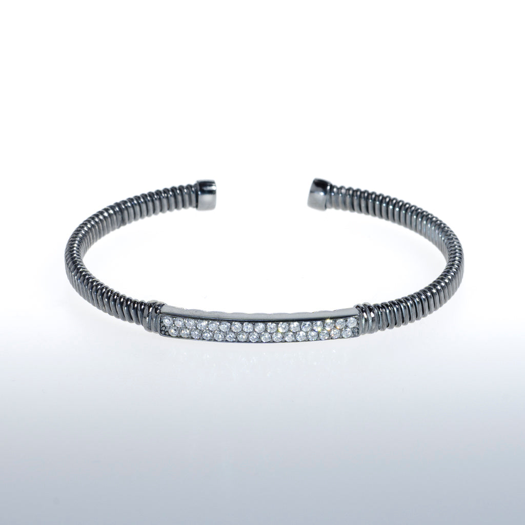 Sterling Silver Black Bracelet with Clear CZ Crystal Bar