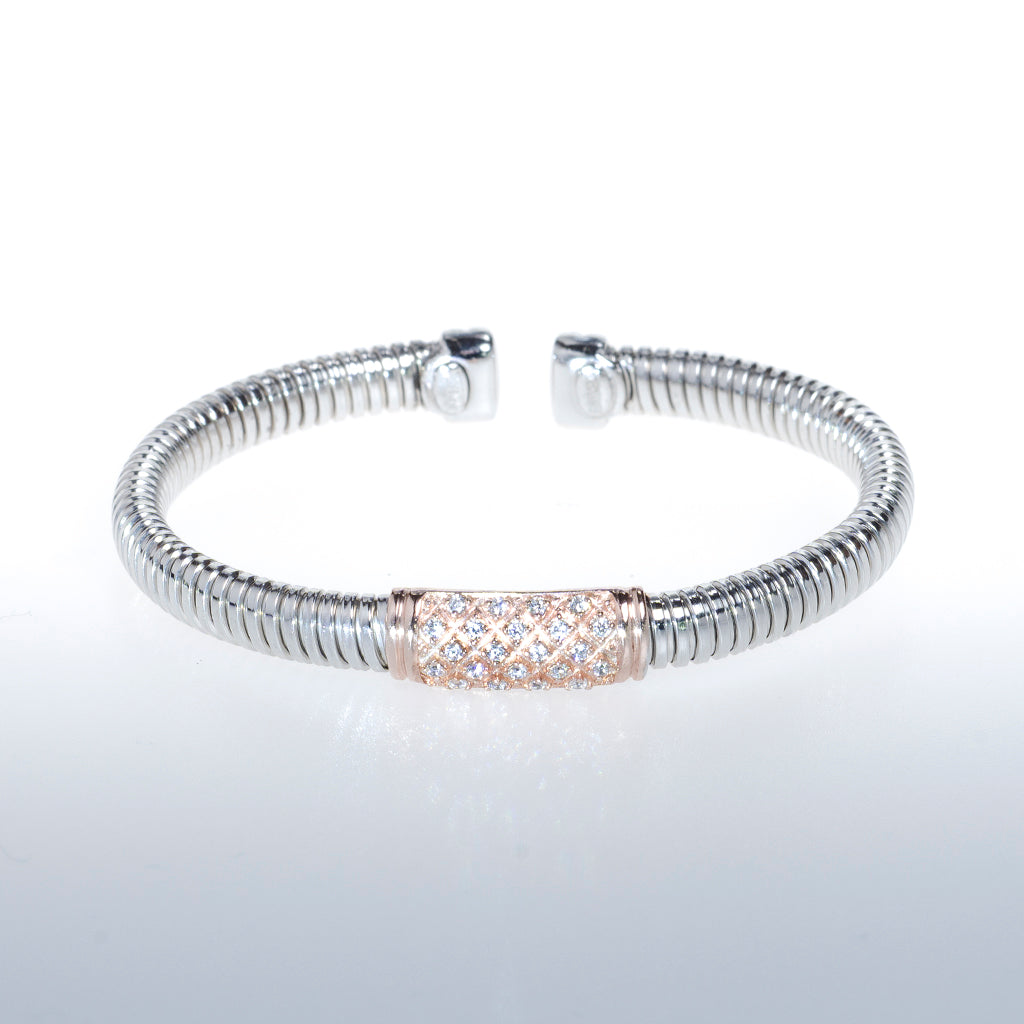 Sterling Silver Rose Gold Bracelet with Clear CZ Crystal Bar