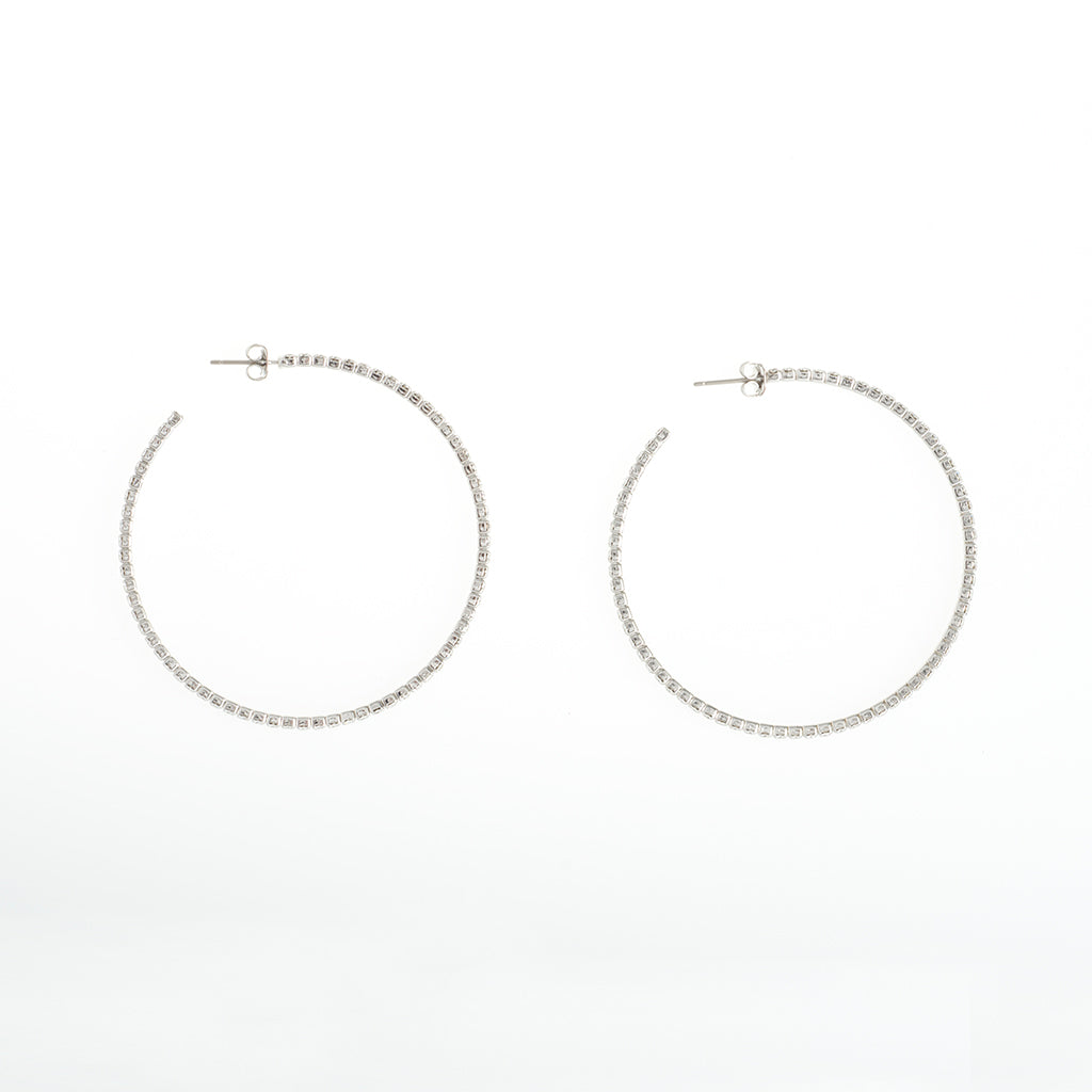 Silver Hoops Earrings with Clear CZ Crystals 2"