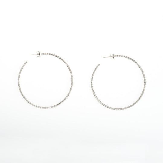 Silver Hoops Earrings with Clear CZ Crystals 2"