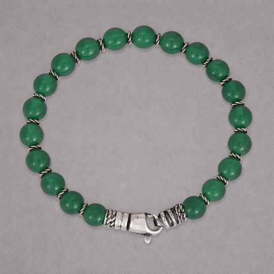 Men's Silver & Green Agate Bead Bracelet