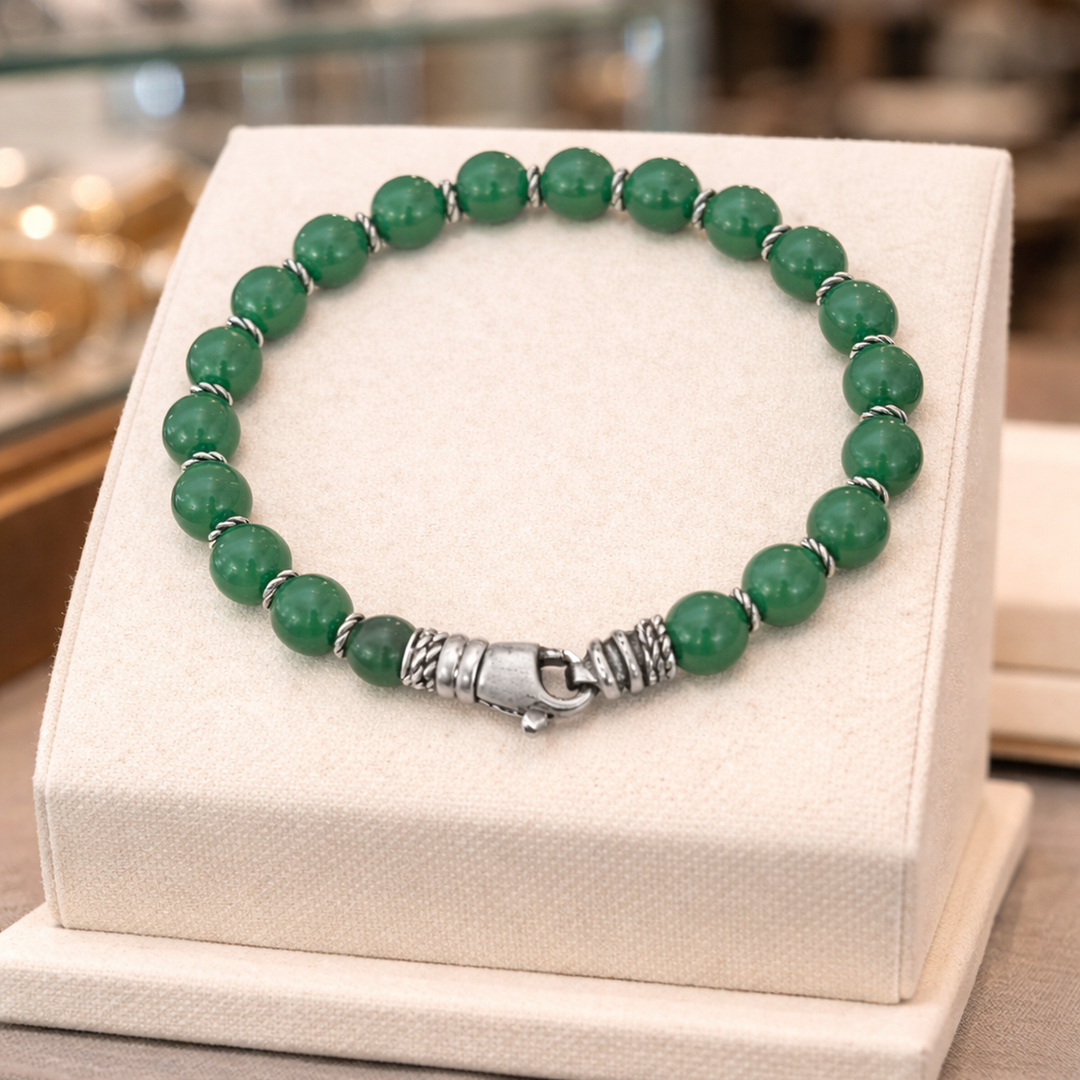 Men's Silver & Green Agate Bead Bracelet