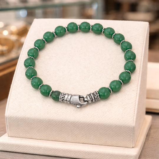 Men's Silver & Green Agate Bead Bracelet